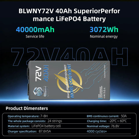 Heavy Duty 72V 40Ah LiFePO4 Battery With 50A BMS And 5A Plug In Charger For Electric Bikes Scooters And Motorcycles, front view with specifications.