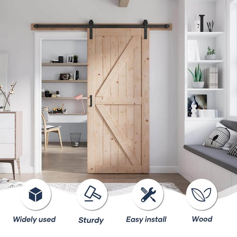 36 Inch By 84 Inch Wood Barn Door With Six Point Six Feet Hardware Kit Included K Shape Solid Spruce Panel Interior Sliding Door For Home Or Office Rustic Modern Look Easy Assembly Smooth Quiet Track System Durable Construction installed in a living space