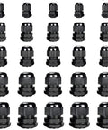 Waterproof IP68 Nylon Cable Gland Kit 10 Pieces Heavy Duty Adjustable Locknuts For Pg7 Pg9 Pg11 Pg13.5 Pg16 Cables 3 To 6.5mm Fits M12 M16 M20 With Stainless Steel And Brass Components, shown front view