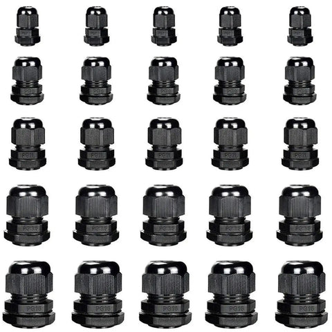 Waterproof IP68 Nylon Cable Gland Kit 10 Pieces Heavy Duty Adjustable Locknuts For Pg7 Pg9 Pg11 Pg13.5 Pg16 Cables 3 To 6.5mm Fits M12 M16 M20 With Stainless Steel And Brass Components, shown front view