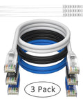 Three pack Cat6 Ethernet Cable 10 Ft High Speed Patch Cords Black White Blue with RJ45 connectors and cable ties