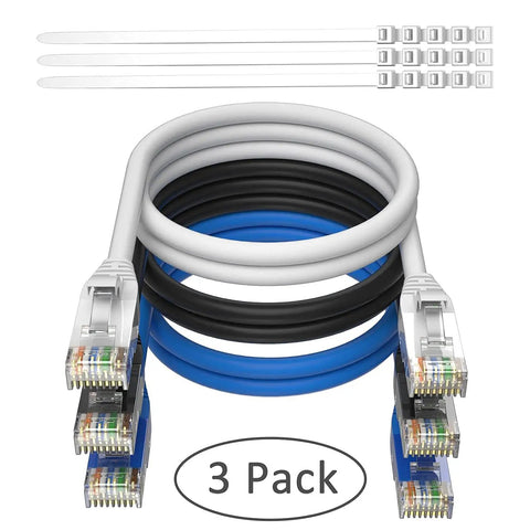 Three pack Cat6 Ethernet Cable 10 Ft High Speed Patch Cords Black White Blue with RJ45 connectors and cable ties