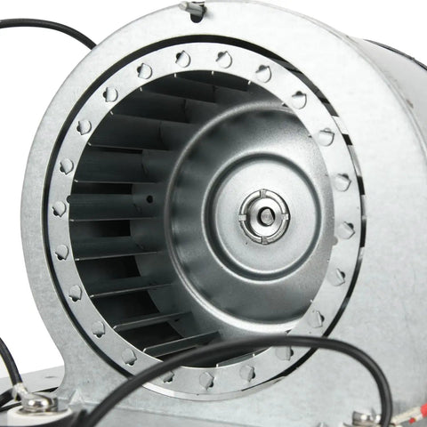 Close-up view of All In One Heater Motor Assembly For Broan NuTone Bathroom Exhaust Fans 655 656 658 659 695 Series Includes Motor Blower Wheel Heating Element Thermal Fuse And Scroll Housing S97017063 Replacement showing blower wheel and wiring.