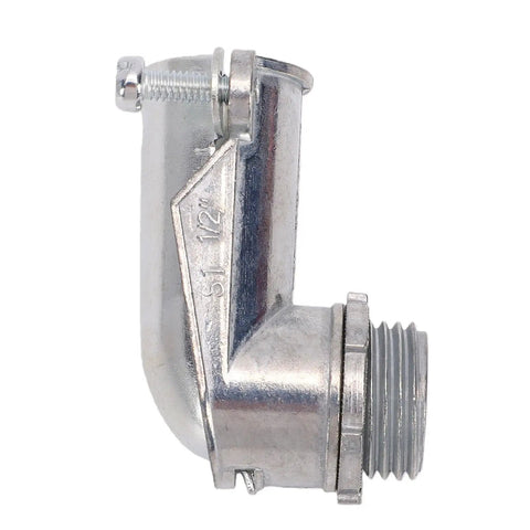 Rock Solid 90 Degree Squeeze Connector For 1/2 Inch Ac Mc And Flexible Metal Conduit, zinc alloy, right angle fitting.