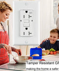 Family in kitchen with 20 Amp Weather Resistant GFCI Duplex Wall Outlet With LED Indicator Self Test Reset Feature Tamper Resistant Receptacle UL Listed Decor Wall Plate Included Ideal For Kitchen Garage And Basement Wiring on wall