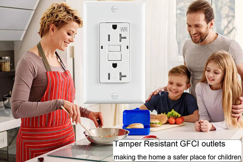 Family in kitchen with 20 Amp Weather Resistant GFCI Duplex Wall Outlet With LED Indicator Self Test Reset Feature Tamper Resistant Receptacle UL Listed Decor Wall Plate Included Ideal For Kitchen Garage And Basement Wiring on wall