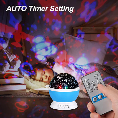 Child sleeping under colorful stars with 360 Degree Rotating Star Projector Night Light For Kids With USB Cable, remote in hand