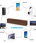 Diagram showing Wooden Wireless Desktop Sound Bar For PC And Monitor 20W Bluetooth 5.3 Speaker connecting to multiple devices.