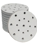 Pack of 100 Premium Aluminum Oxide Sanding Discs For Orbital Sanders featuring 400 Grit Anti-Clog Design stacked together.