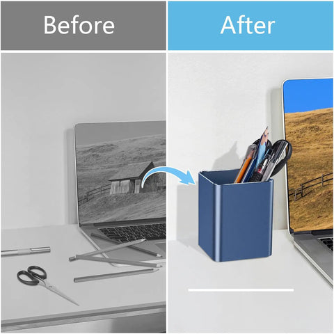 Comparison of desk before messy, after organized with Blue Square Pen Holder Cup, Aluminum Desk Organizer for pens and pencils.