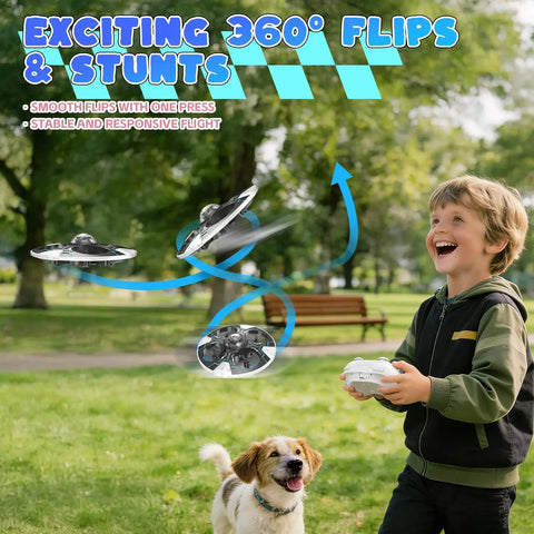 Child flying UFO Hand Controlled Drone For Kids, Safe RC Toy With 7 LED Lighting Modes, 360 Degree Flips, in a park setting with dog.