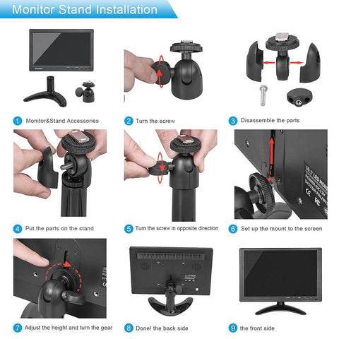 Installation guide for 7 Inch Mini Monitor With 1024x600 IPS Display, showing assembly steps for HDMI VGA AV screen stand.