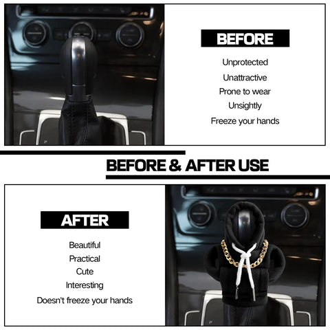 Before and after of a gear shift with Gear Shift Hoodie Car Accessory With Universal Fit Funny Shift Knob Cover For Automatic And Manual Transmissions Cute Interior Hoodie Year Round Protection Totally A Must Have Gift For Car Lovers