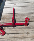 Red heavy duty ratchet chain binder set five sixteenth to three eighth inch chain with grab hooks 5400 lbs working load limit