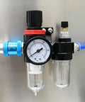 Heavy Duty Automatic Desktop Liquid Filler Quad Head Magnetic Pump pressure gauge and regulator for liquid filling setup.