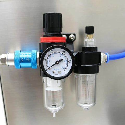 Heavy Duty Automatic Desktop Liquid Filler Quad Head Magnetic Pump pressure gauge and regulator for liquid filling setup.