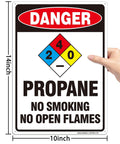 Heavy Duty Aluminum Warning Sign Two Pack Danger Propane No Smoking No Open Flames Plaque Large 14 By 10 Inch shown held in hand.