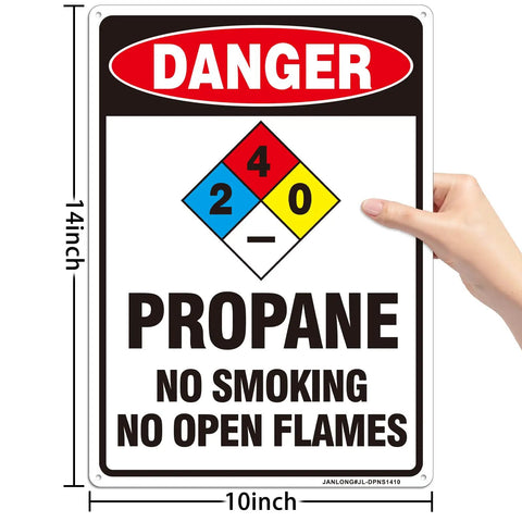 Heavy Duty Aluminum Warning Sign Two Pack Danger Propane No Smoking No Open Flames Plaque Large 14 By 10 Inch shown held in hand.