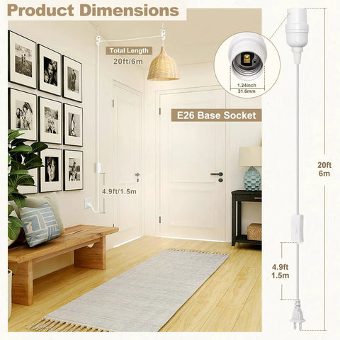 Hanging Lantern Extension Cord With E26 Pendant Socket And On Off Inline Switch 20 Foot White Cord For Easy Overhead Lighting Close To Polarized Plug Awesome For DIY Lamps Vintage Decor Or Garage Projects