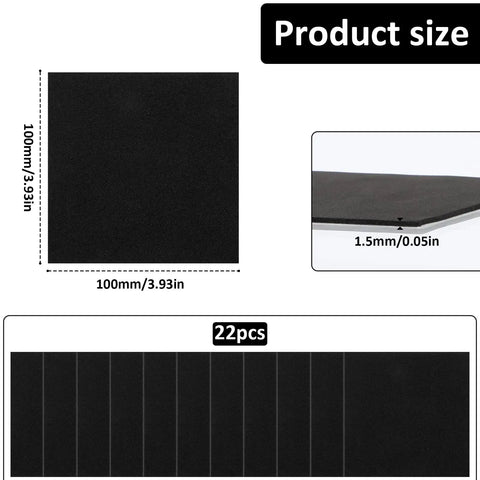 Twenty Two Piece Adhesive Foam Squares With Heavy Duty Hold Anti Slip Soundproof Cushioning For Rock Solid Vibration Dampening Furniture Sliders No Fuss Black Backing, showing size and thickness of 4x4 inches and 1.5mm.