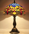 Tiffany Style Stained Glass Dragonfly Bedside Lamp With Orange And Blue Glass Shade 12x12x18 Inches 18 Inch Tall Table Light