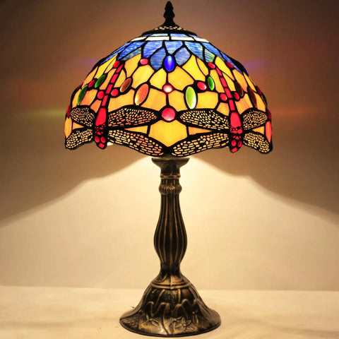 Tiffany Style Stained Glass Dragonfly Bedside Lamp With Orange And Blue Glass Shade 12x12x18 Inches 18 Inch Tall Table Light