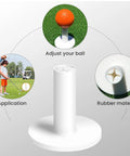 Five Pack 1.5 Inch Rubber Tee Adapters for Indoor Outdoor Golf Practice Mats with white rubber material and golf usage illustration