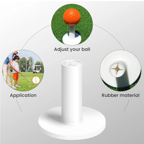 Five Pack 1.5 Inch Rubber Tee Adapters for Indoor Outdoor Golf Practice Mats with white rubber material and golf usage illustration