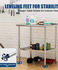 Stainless Steel Prep Table 24x36 Inch with Adjustable Undershelf and Backsplash, shown with leveling feet on a wooden floor.