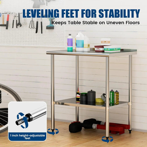 Stainless Steel Prep Table 24x36 Inch with Adjustable Undershelf and Backsplash, shown with leveling feet on a wooden floor.