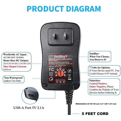 Front view of Universal 12V Power Supply Adapter With Adjustable Outputs 3V 4.5V 5V 6V 7.5V 9V 12V And 5V USB Port with diagram