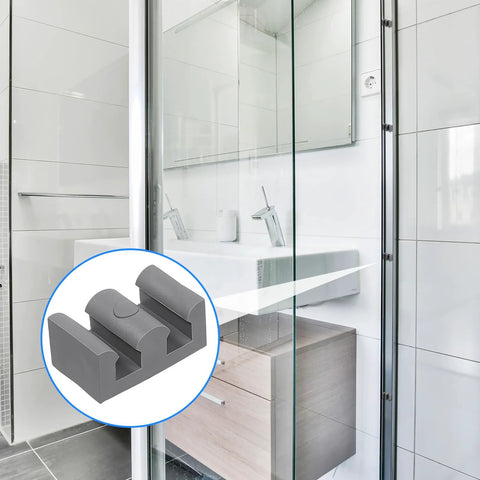 Four Piece Silicone Shower Door Stopper Set With Framed Sliding Bumpers For Anti Collision Protection Of Glass Shower Doors Suitable For All Shower Glass Types Clear Grey Finish Includes Four Screws installed on glass shower door