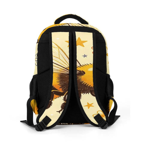 Back view of Dope Starry Floral Patriot Bee Print Backpack For Unisex Use with adjustable straps and bee print design.