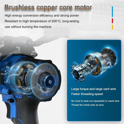 Brushless copper core motor of Heavy Duty Cordless Automatic Wire Tugger Fish Tape for fast electrical cable pulling.