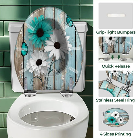 Toilet Seat Elongated Quiet-Close for Farmhouse Use with floral design, stainless steel hinges, and quick release features.