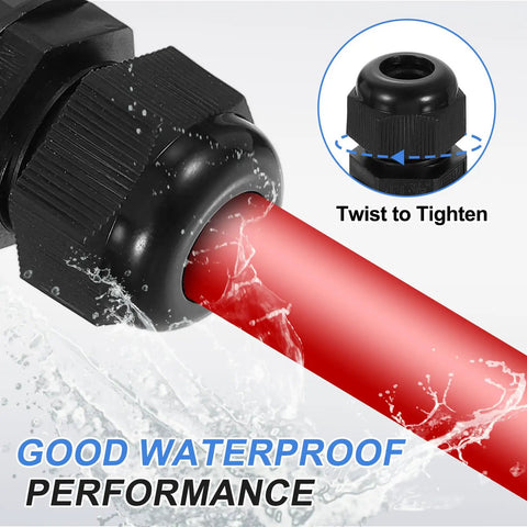 Set Of Three Npt Half Inch Nylon Cable Glands Waterproof Cord Grip Connectors Adjustable Six To Eleven Millimeter Wire Grommets With Gaskets And Locknut For Junction Box Black shown with waterproof sealing on red cable