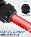Close-up of Six Piece NPT One And A Half Inch Nylon Cable Glands Waterproof Cord Grip Connector with red wire and water