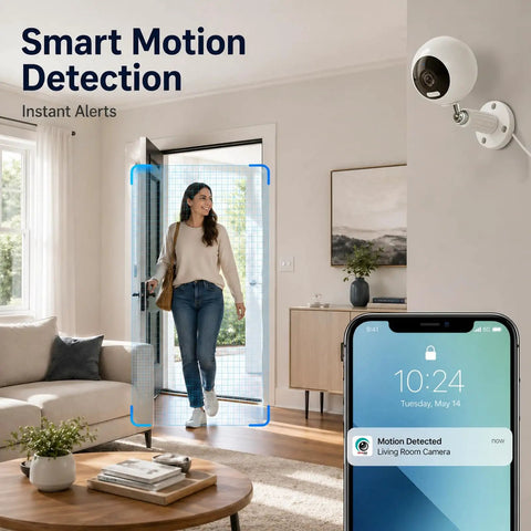 Indoor Home Security Camera With 3MP Clarity, Motion Detection, Color Night Vision, Dual Band 5G And 2.4G WiFi in living room