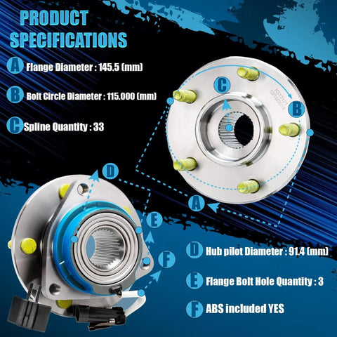 Product specifications for Front Wheel Bearing Hub Assembly for 2000-2013 Chevrolet Impala & Monte Carlo, dimensions labeled