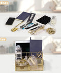 Before and after of a desk with Gold Acrylic 13 Piece Desk Organizer Set With Office Essentials Including Stapler Staple Remover Clips Scissors.