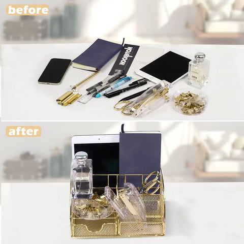 Before and after using Gold Desk Organizer Set With 13 Pieces Of Office Accessories Including Acrylic Stapler, Tape Dispenser, Staple Remover.