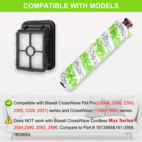 Replacement Parts Kit For Bissell CrossWave Pet Pro 2306A And CrossWave 1785 Series brush and filter on green background.