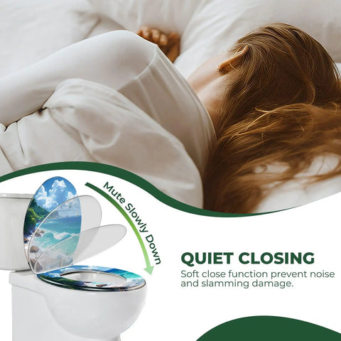 Elongated Toilet Seat Cover Quiet Close Easy Clean for Home with soft close feature, decorative ocean design, and installation details.
