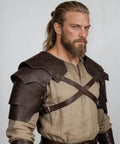 Leather Pauldrons For Men Viking Shoulder Armor For LARP Cosplay Medieval Style Brown Durable Synthetic Leather With Layered Battle Ready Design Realistic Armor Accessory