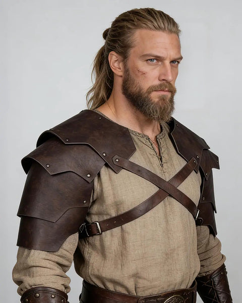 Leather Pauldrons For Men Viking Shoulder Armor For LARP Cosplay Medieval Style Brown Durable Synthetic Leather With Layered Battle Ready Design Realistic Armor Accessory