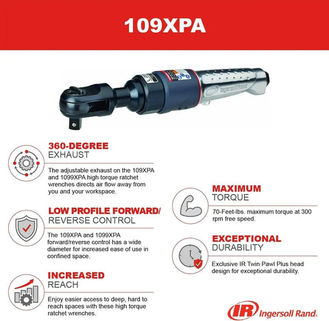 Three Eighth Inch Air Ratchet Wrench With 76 Foot Pound Torque And 220 RPM Delivers Deep Reach And Easy Forward And Reverse Control