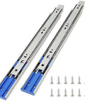 10 Pairs Of 22 Inch Soft Close Full Extension Ball Bearing Side Mount Drawer Slides Three Section Zinc Plated 100 Lb Capacity Includes Mounting Screws, two slides and screws displayed.