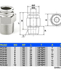 304 Stainless Steel Straight Push To Connect Fittings 8mm Tube OD To One Quarter Inch NPT Thread Male Fittings technical diagram
