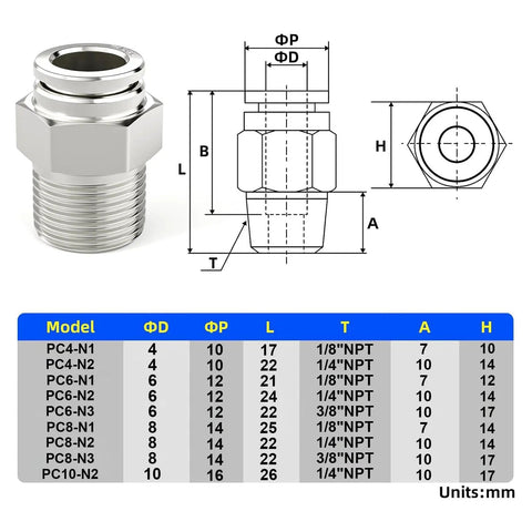 304 Stainless Steel Straight Push To Connect Fittings 8mm Tube OD To One Quarter Inch NPT Thread Male Fittings technical diagram