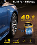 Cordless 160 PSI Tire Inflator Portable Air Pump With Digital Gauge and LED Light inflating a car tire